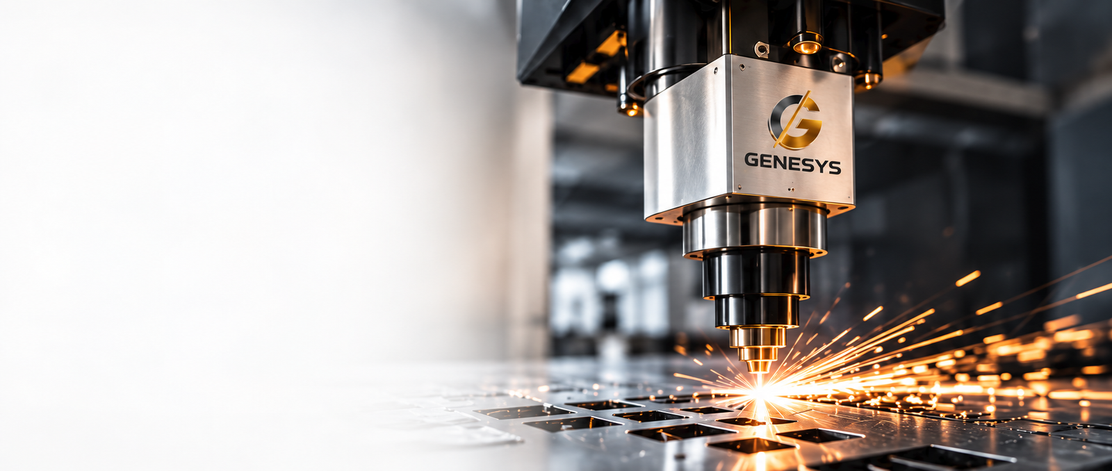 Illustration of a Genesys laser cutting head with golden sparks